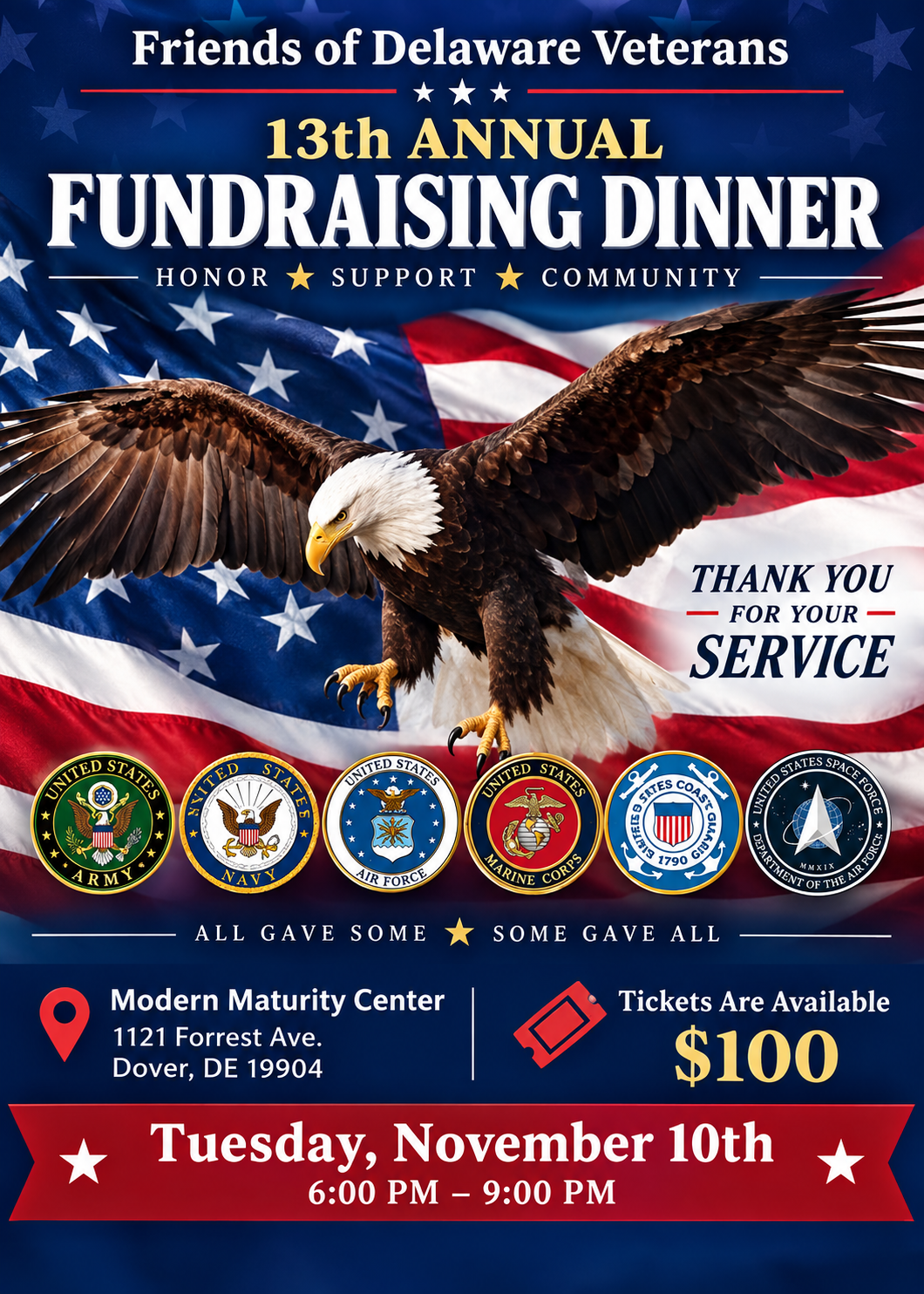Friends of Delaware Veterans 13th Annual Fundraising Dinner. November 10th, 2026